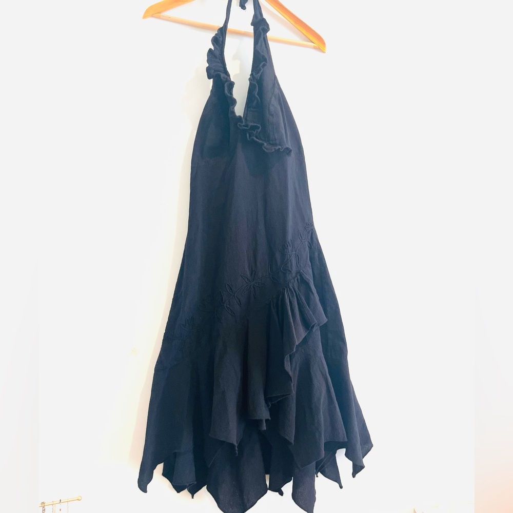 Scully Cantina Halter Dress Peruvian Cotton Soutache Handkerchief Hem Ruffles